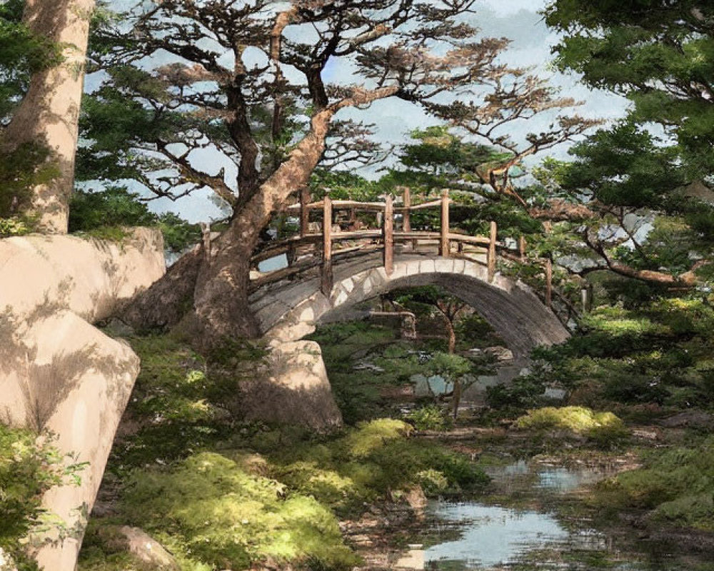 Serene wooden bridge over calm waterway with rocky embankments