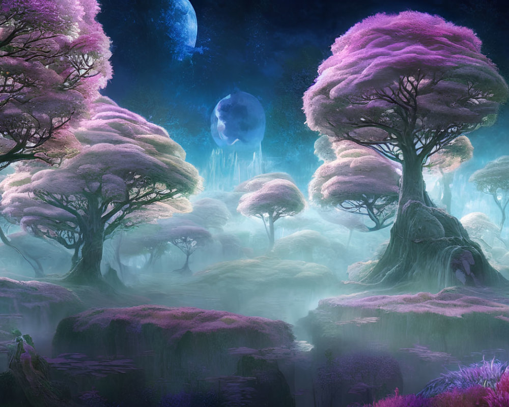 Mystical forest with purple foliage under night sky and two moons