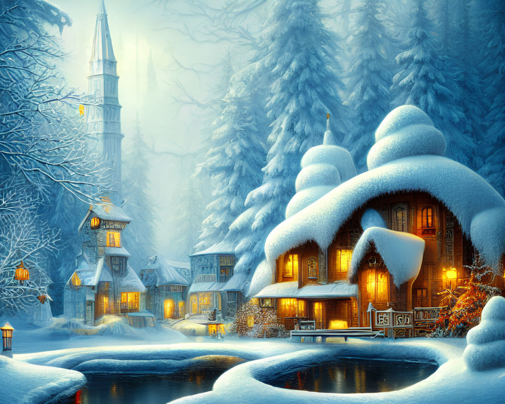 Snow-covered winter village with cottages, frozen river, and forest ambiance