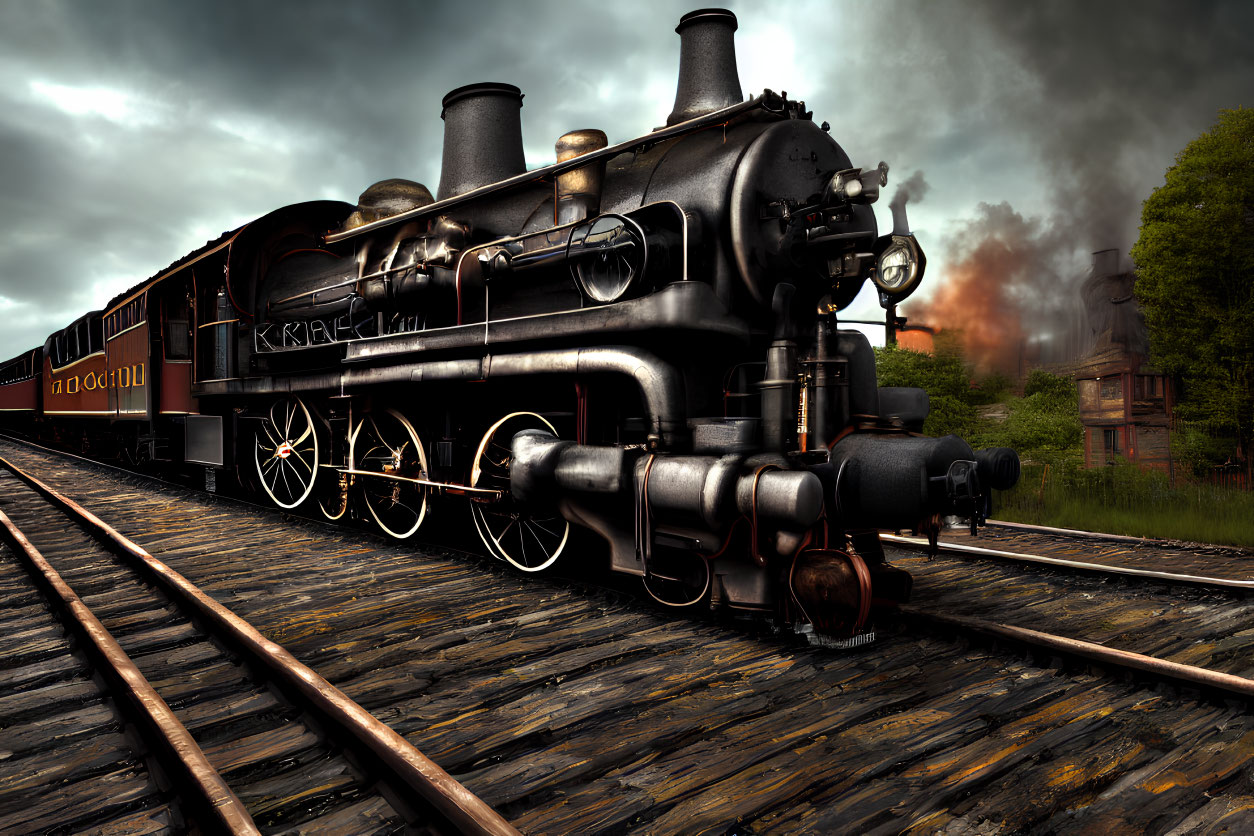 Vintage Steam Locomotive on Tracks Under Dark Cloudy Skies