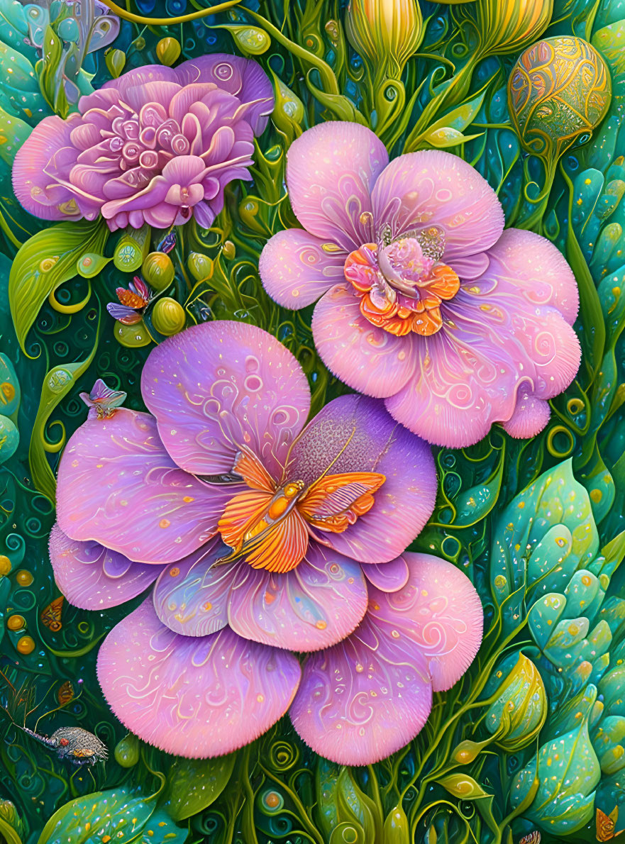 Detailed Purple Blossoms Illustration with Whimsical Patterns