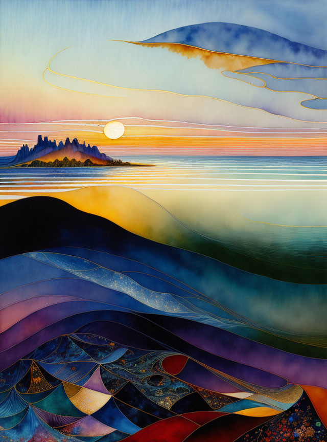 Vibrant landscape painting: layered hills, setting sun, tranquil sea, wispy clouds