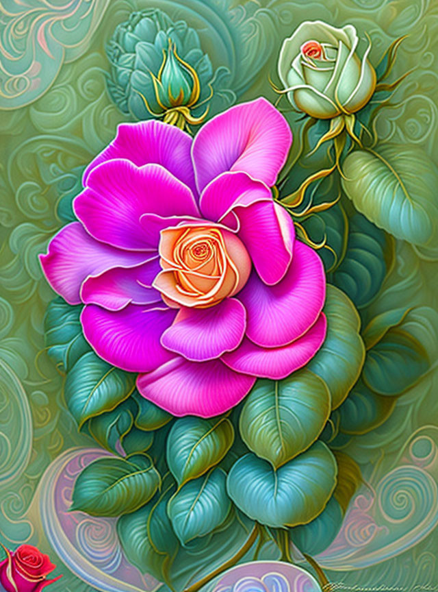 Colorful digital artwork: Pink rose with green leaf patterns