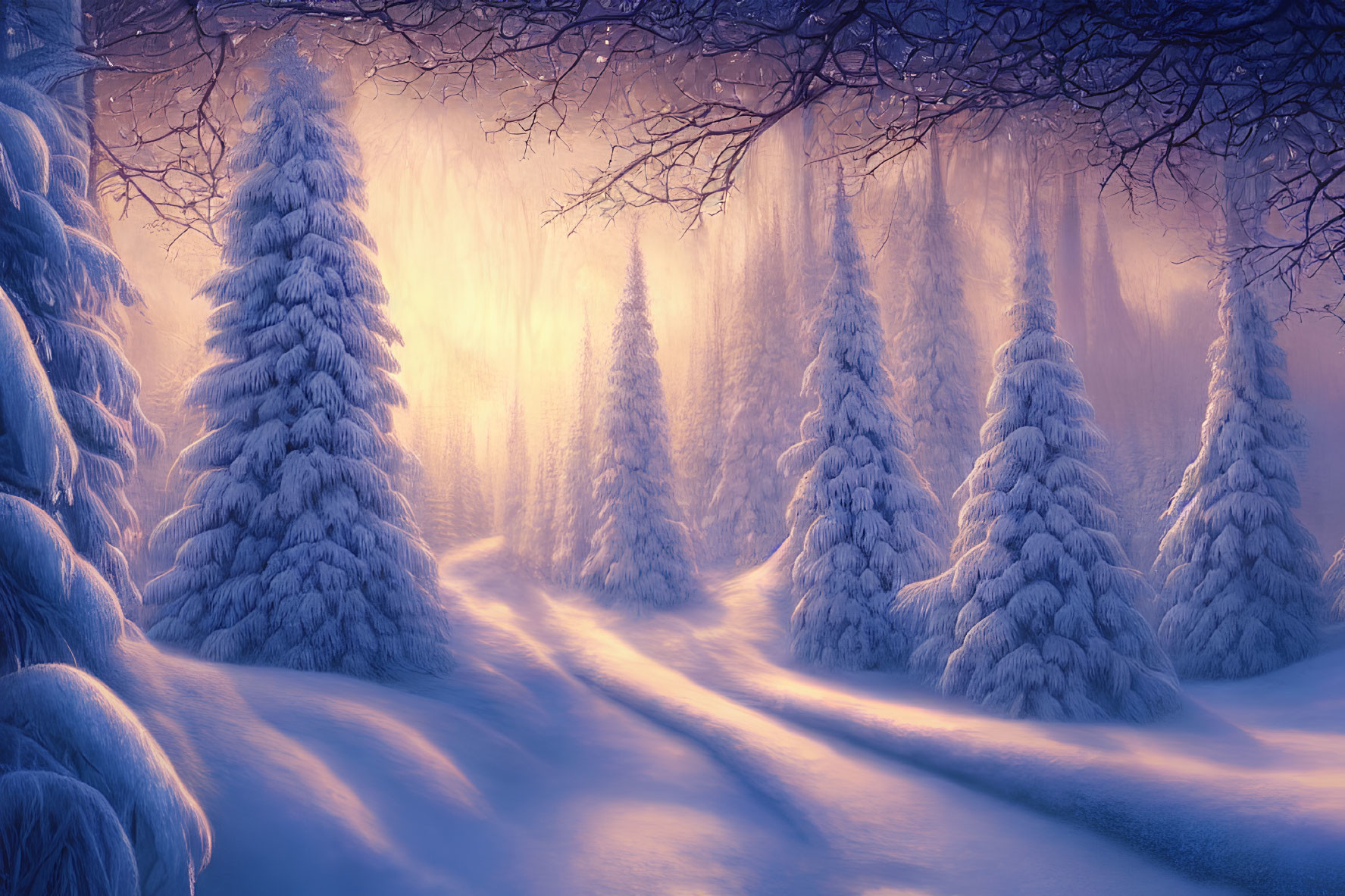 Snow-covered trees in serene winter forest with golden light