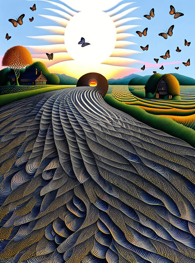 Colorful artwork of stylized agricultural landscape with rolling fields, trees, houses, sun, and butterflies