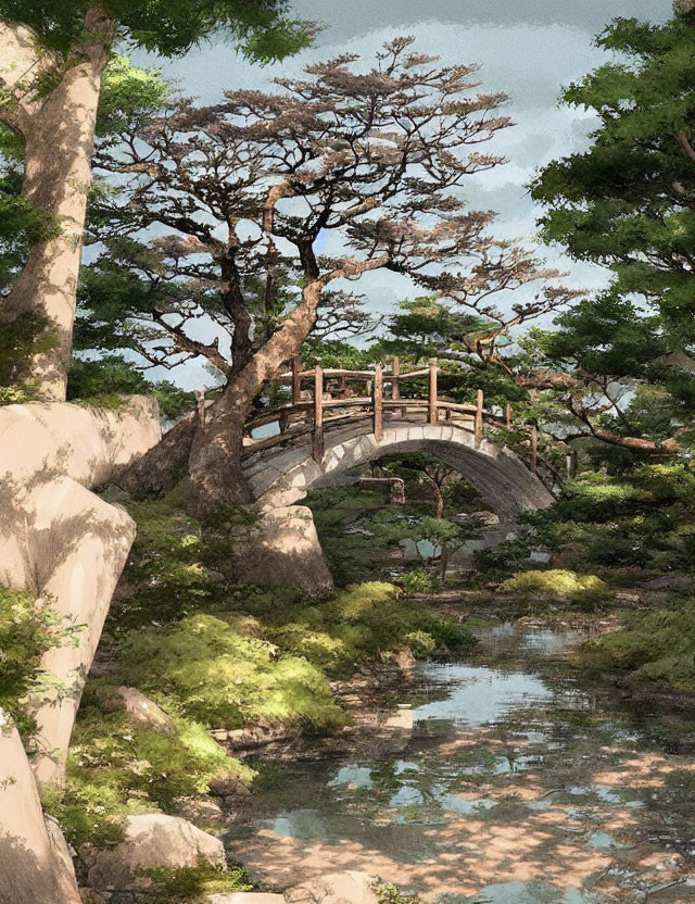 Serene wooden bridge over calm waterway with rocky embankments