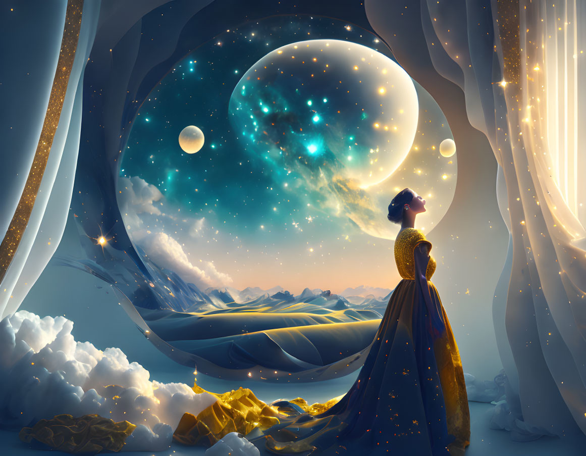 Woman in flowing gown gazes at surreal cosmic landscape with planets and nebula through circular portal, surrounded