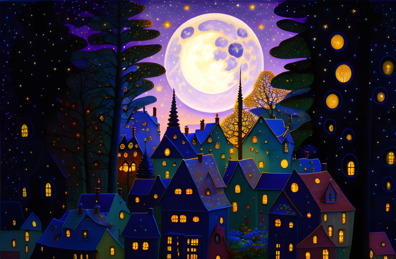 Colorful Nighttime Village Illustration with Moon and Stars