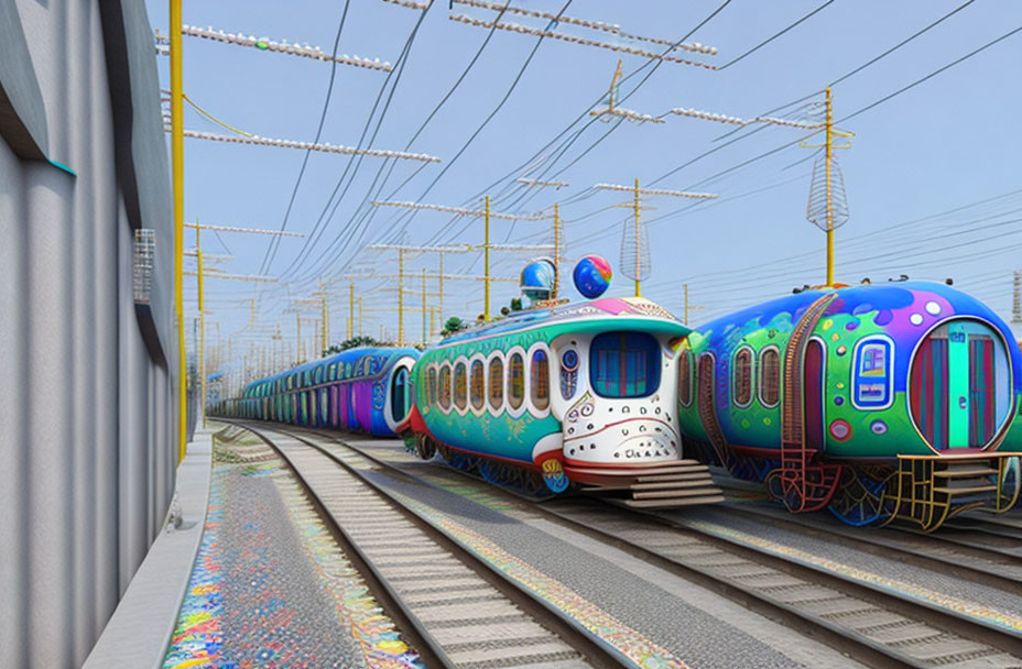 Colorful whimsical train on vibrant tracks under overhead wires