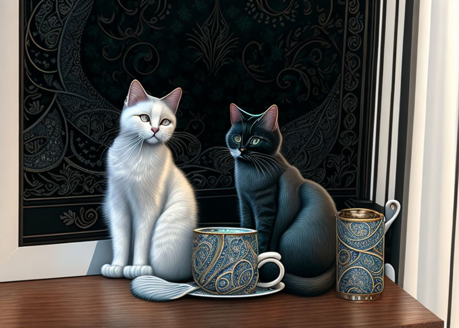 Ornate Ceramic Cats with Ornamental Jug on Windowsill