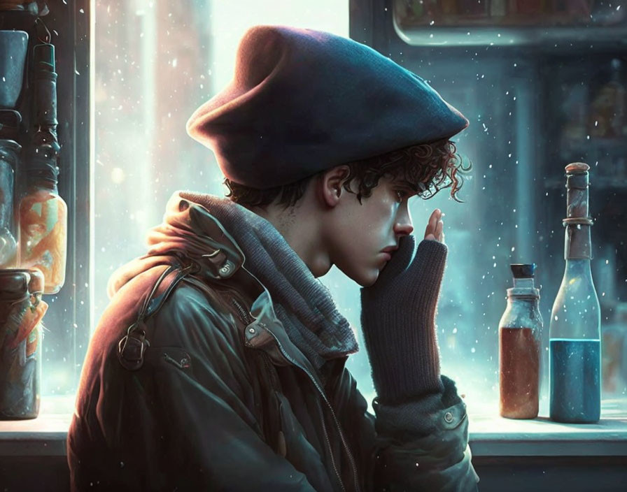 Curly-haired person in blue beret gazes out rain-streaked window with reflection.