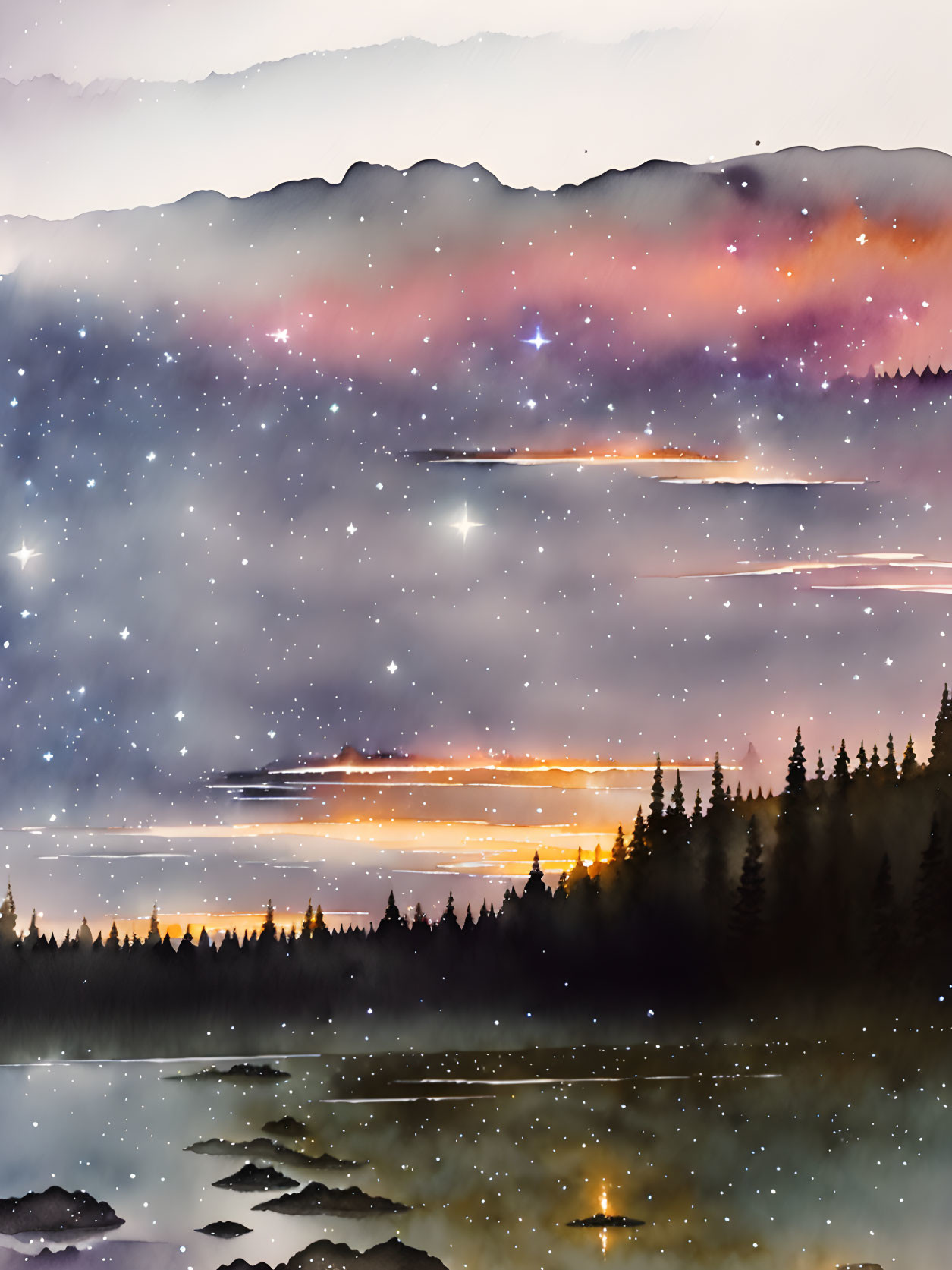 Ethereal nightscape: starry sky, sunset colors, silhouetted forest, reflective