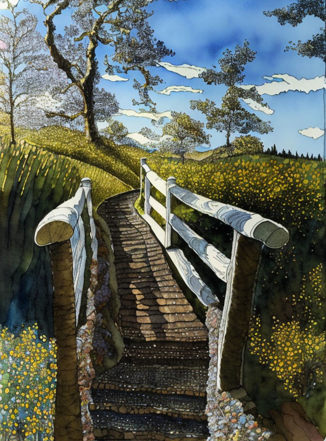 Scenic wooden bridge over stream with wildflowers and trees