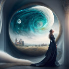 Woman in flowing gown gazes at surreal cosmic landscape with planets and nebula through circular portal, surrounded