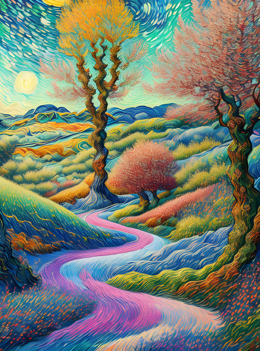 Colorful swirling landscape with autumn trees and dynamic sky