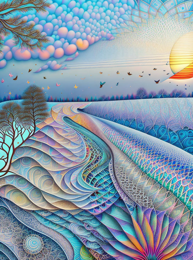 Vibrant digital artwork: surreal landscape with trees, pathway, birds