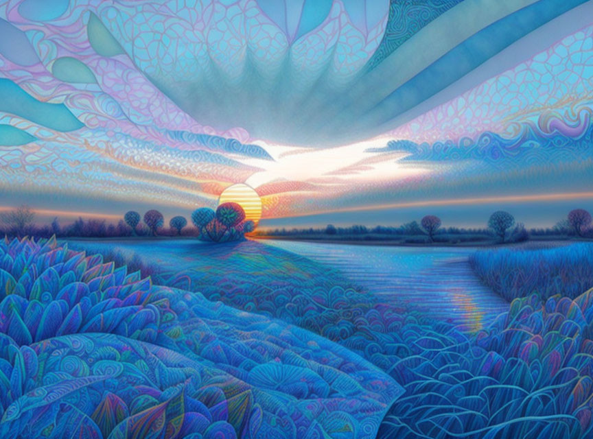 Colorful Psychedelic Landscape with Setting Sun, River, and Tree