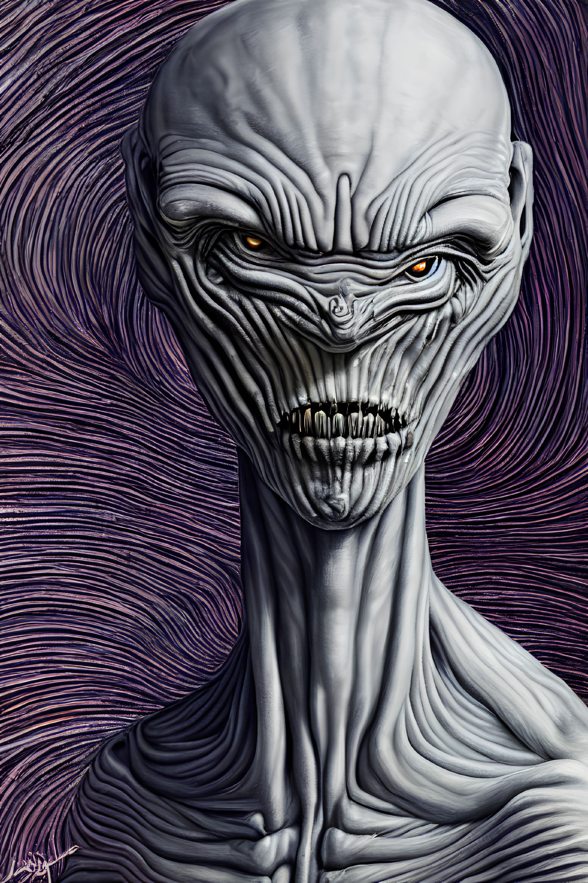 Detailed Illustration: Menacing Alien with Slender Neck, Sunken Eyes, Grey Skin, Sharp