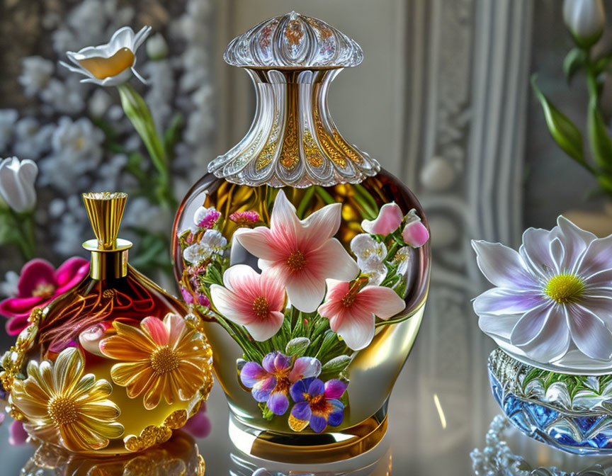 Elegant Floral Perfume Bottles Among Fresh Flowers