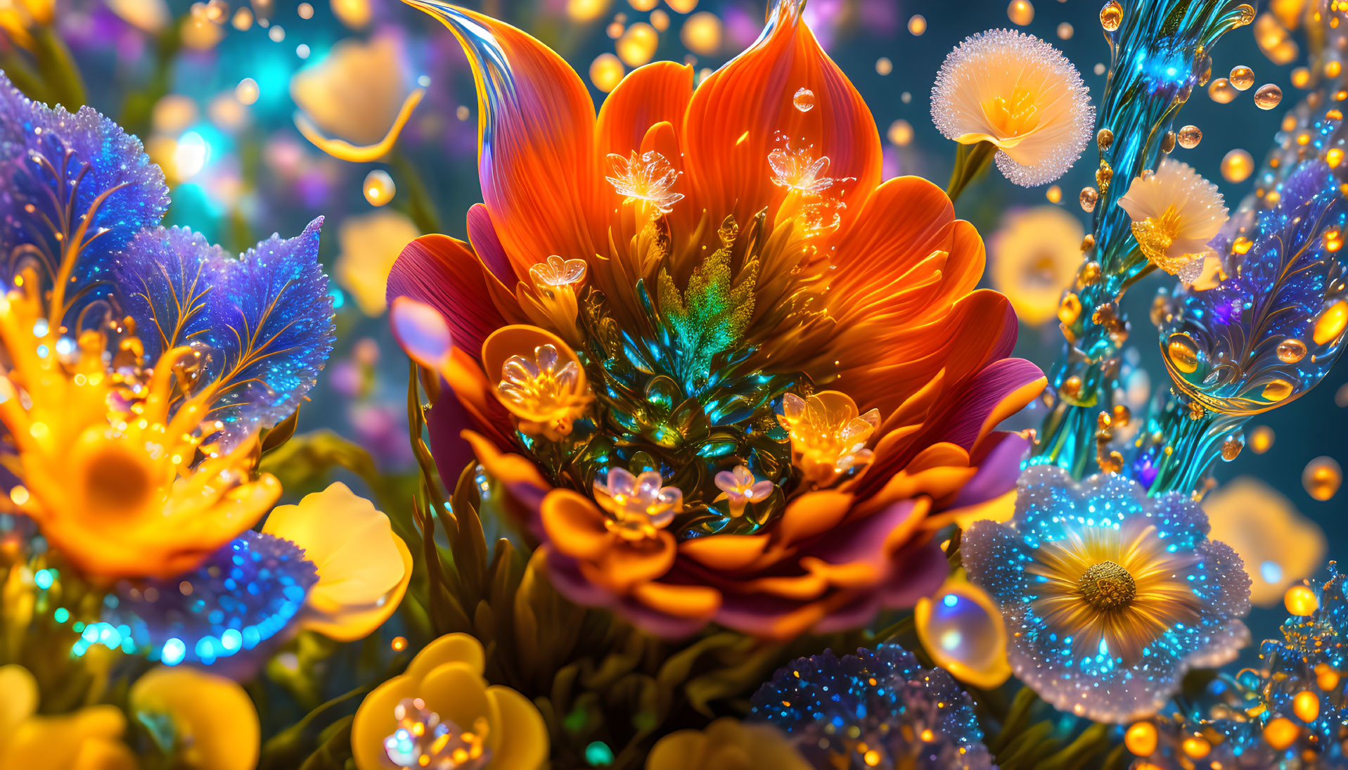 Colorful surreal flowers with intricate details on bokeh background