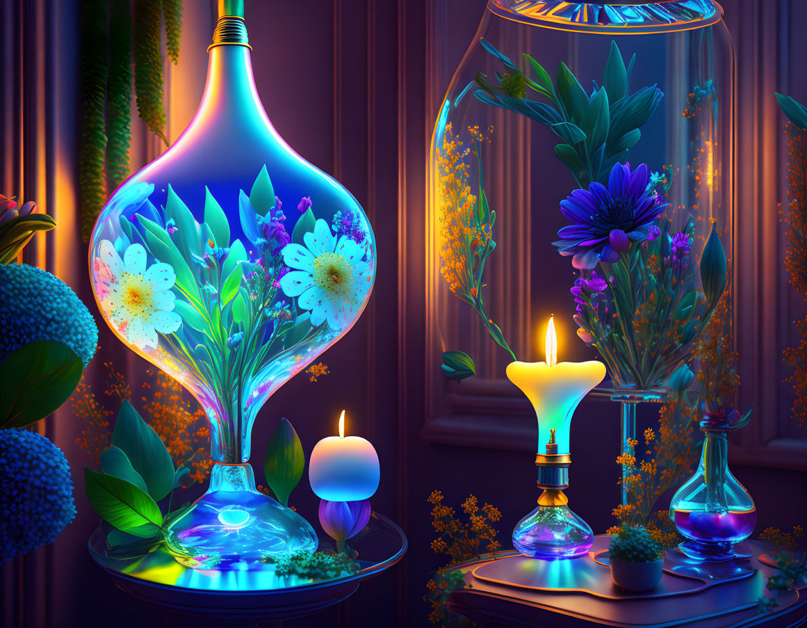 Colorful digital artwork featuring illuminated glass terrariums, flowers, candle, and potion bottle