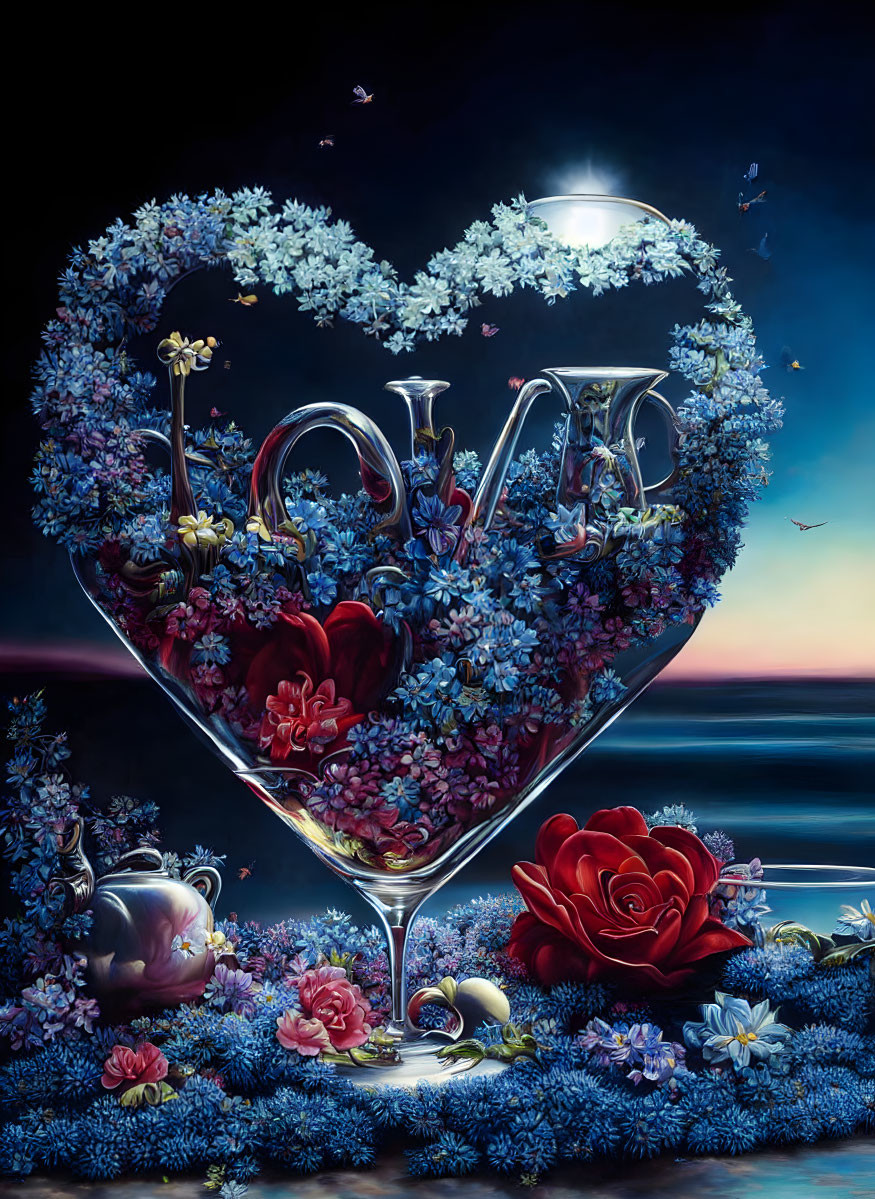 Heart-shaped glass with flower-filled "LOVE" word on ocean moonlit background