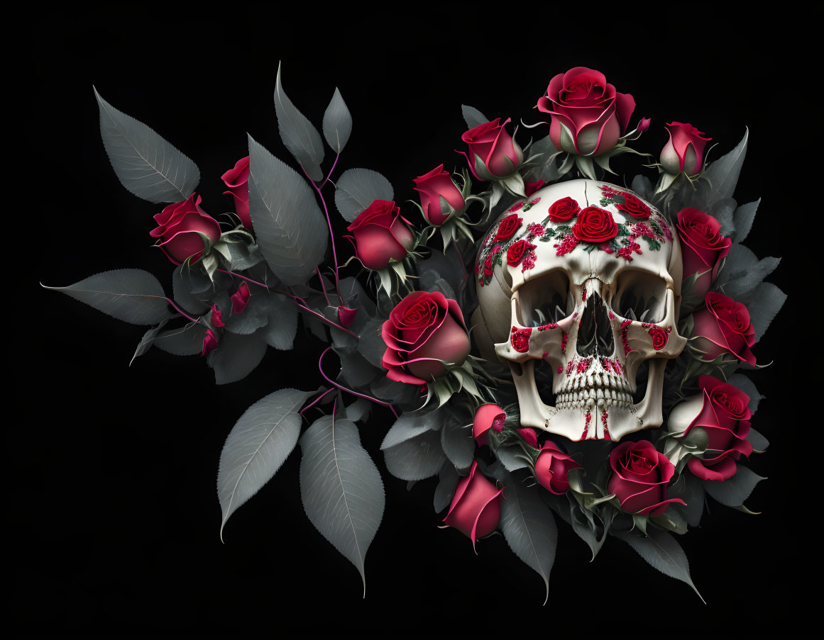 Skull with Red Floral Patterns and Roses on Black Background