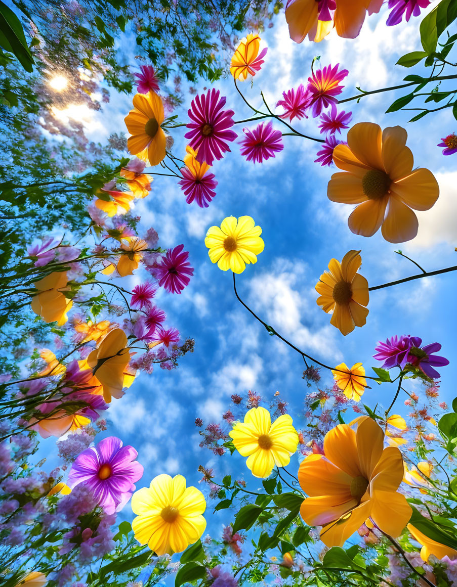 Colorful flowers under blue sky with sun rays: A picturesque view.