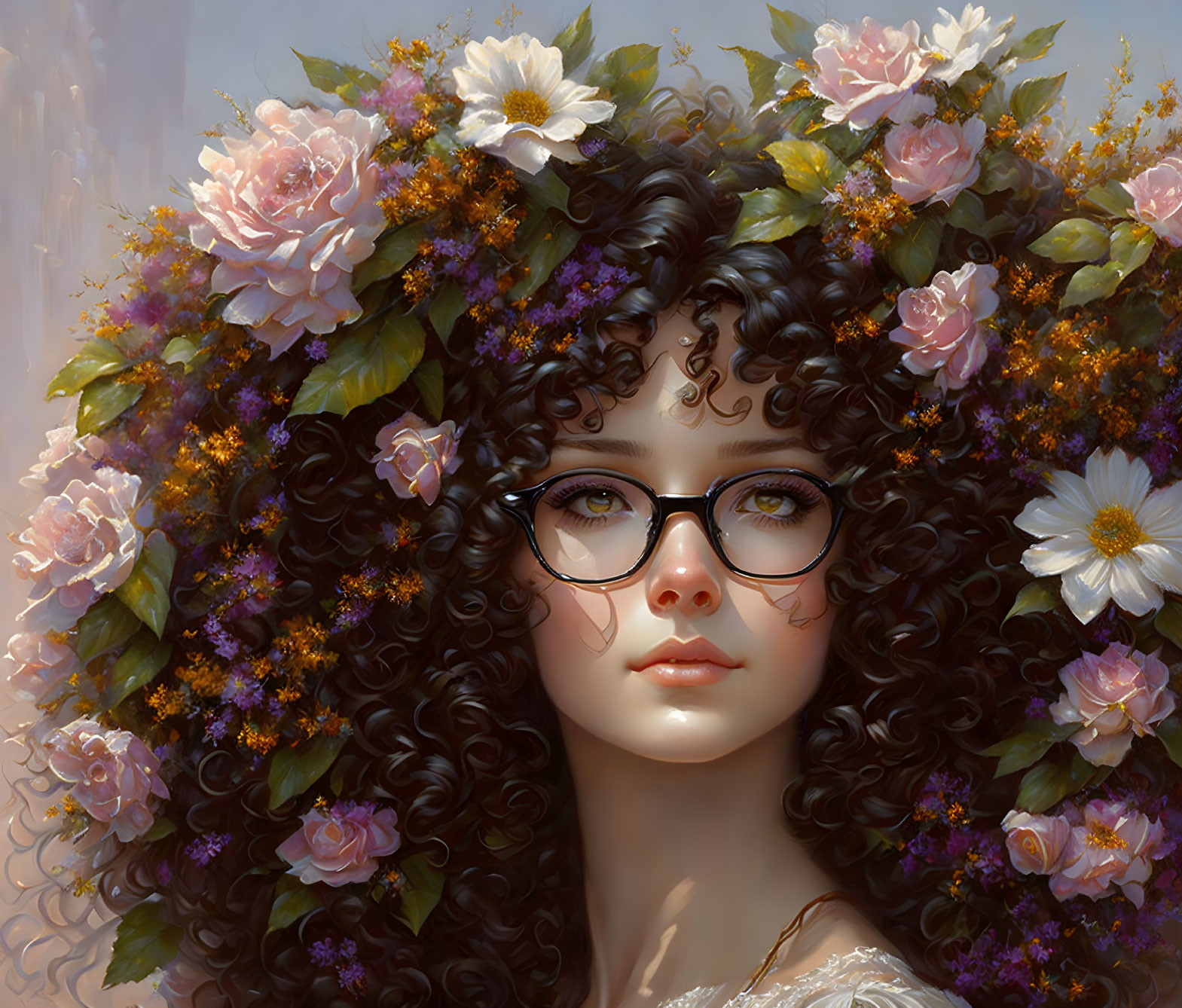 Curly-Haired Woman with Floral Crown and Round Glasses