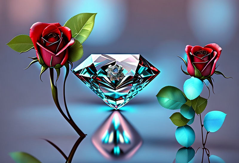 Digital Image: Blue Diamond Ring with Red Roses on Blurred Background