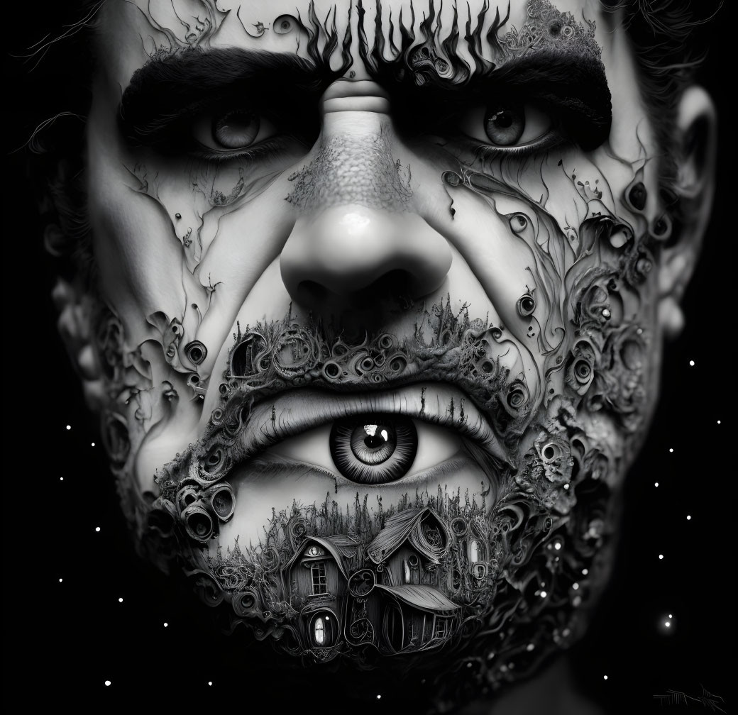 Monochromatic surreal portrait of a man with intricate patterns and a small integrated house in his beard