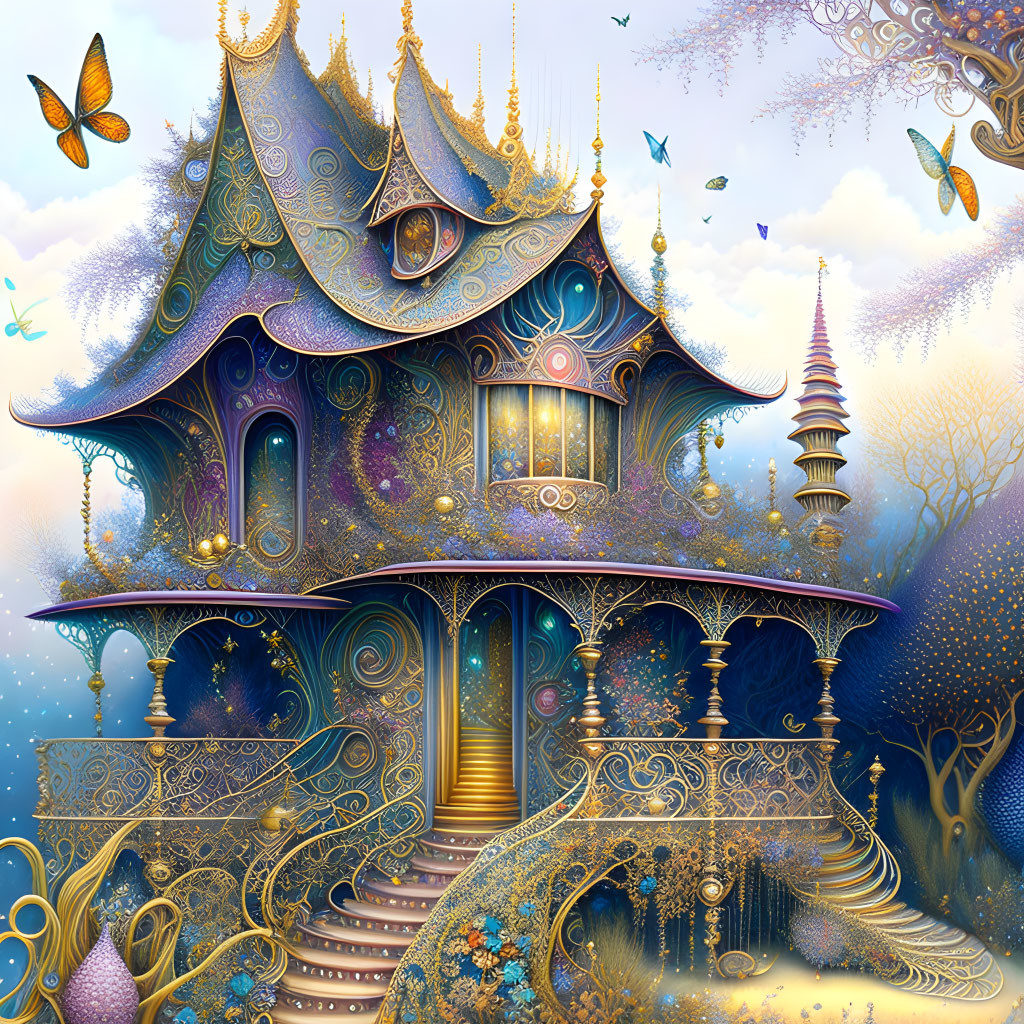 Fantastical jewel-toned treehouse with golden accents, surrounded by butterflies at twilight