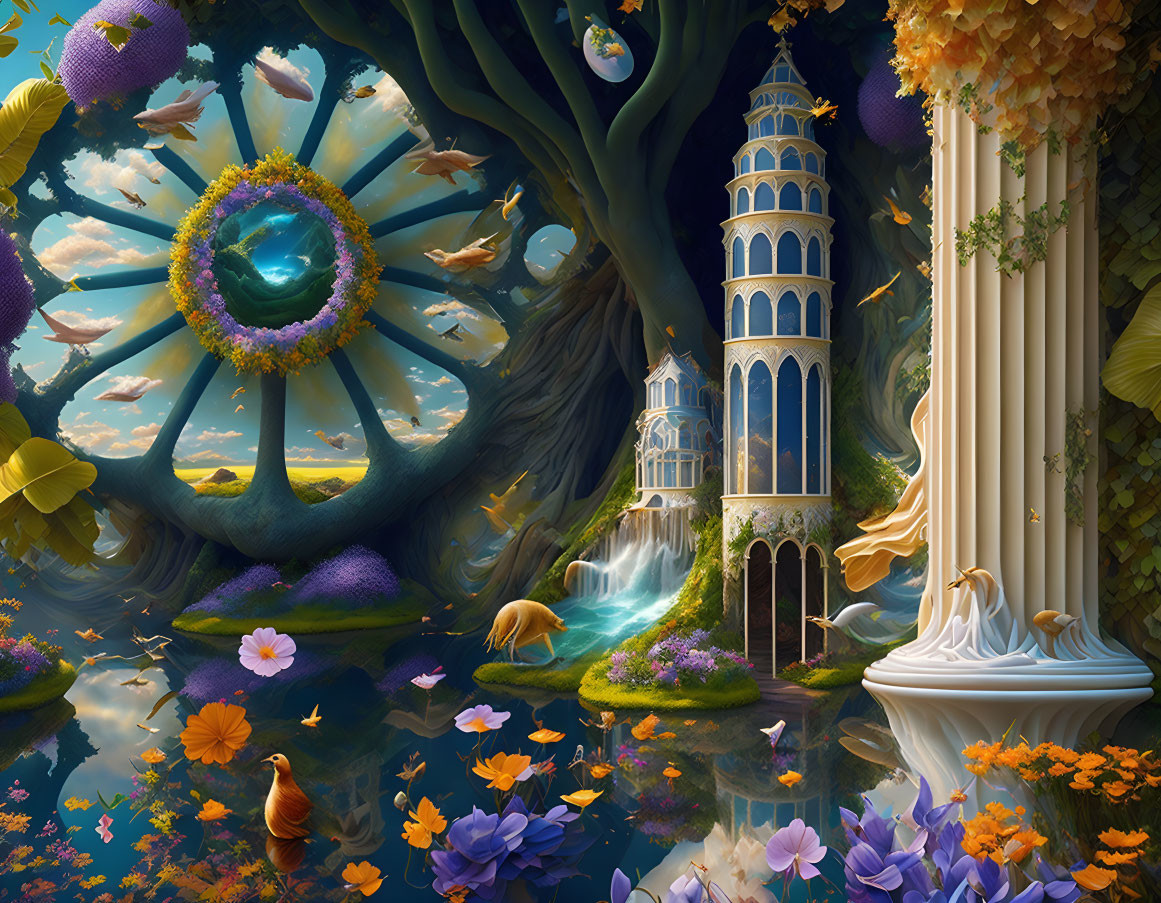 Vibrant tree, floating islands, tower, waterfalls, peacock, pond with lily