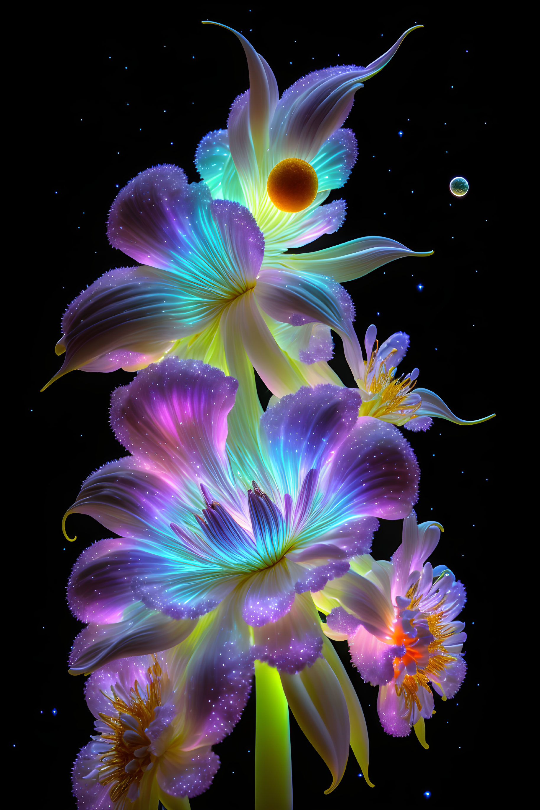 Iridescent Flowers Against Cosmic Background