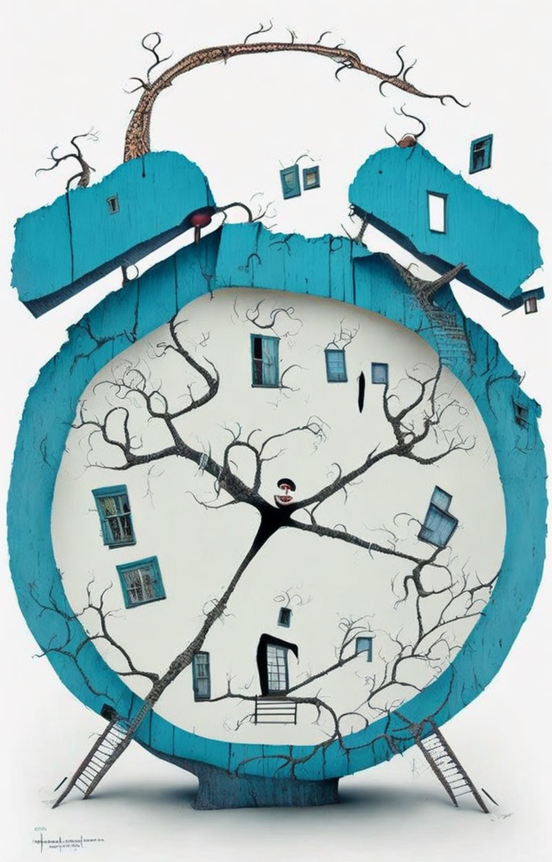 Surreal clock with house, trees, stairs, and windows