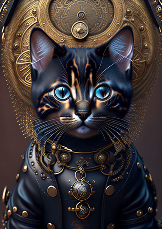 Stylized cat digital art: blue-eyed steampunk attire