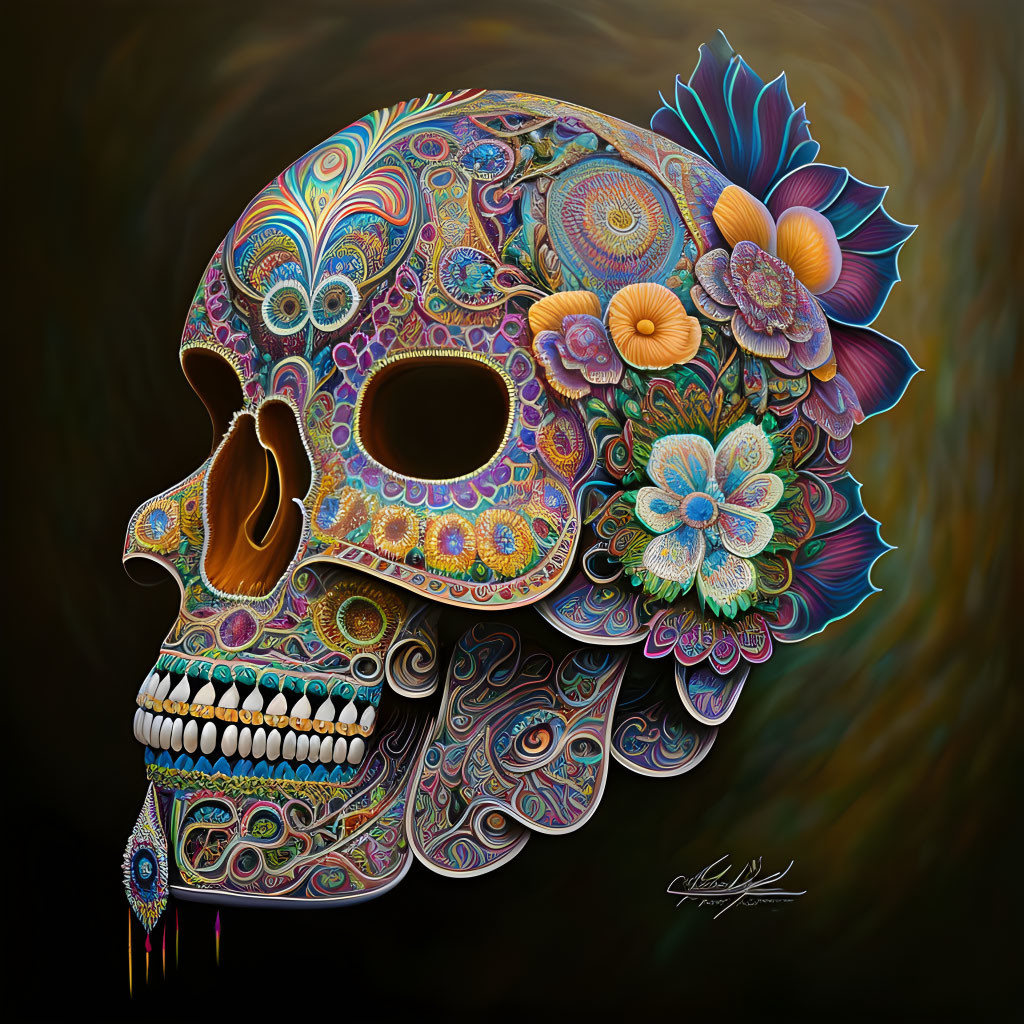 Colorful Floral Skull Design on Dark Background