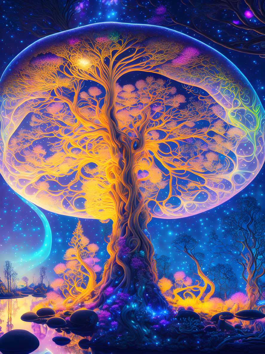 Vibrant Digital Art: Luminous Tree & Crescent Moon Night Scene