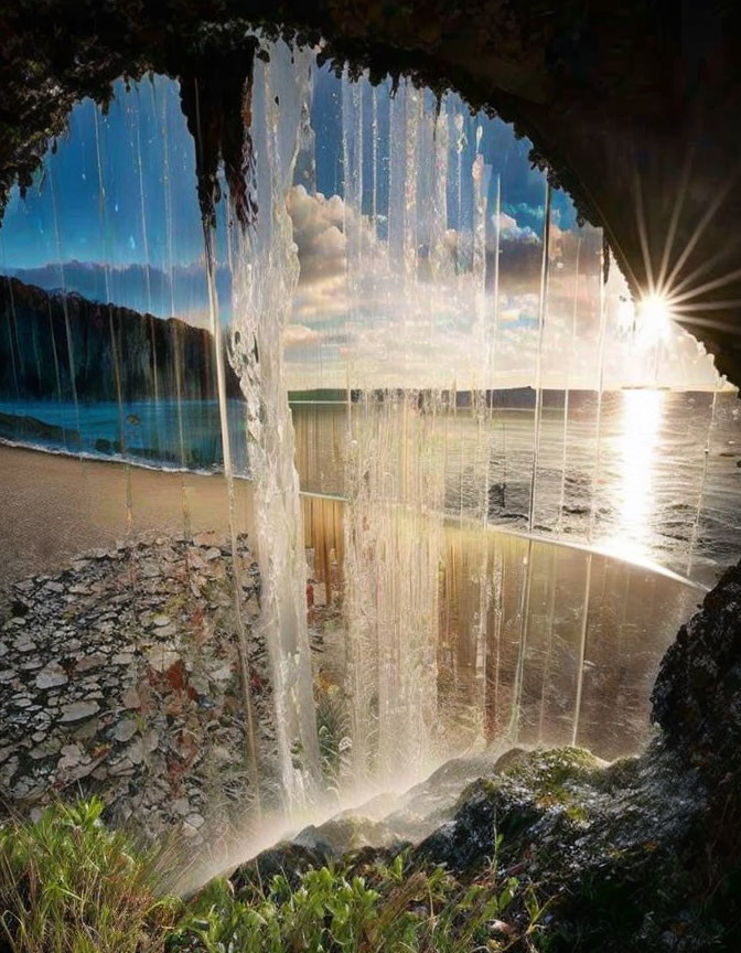 Natural arch framing waterfall, beach, and sea under clear sky