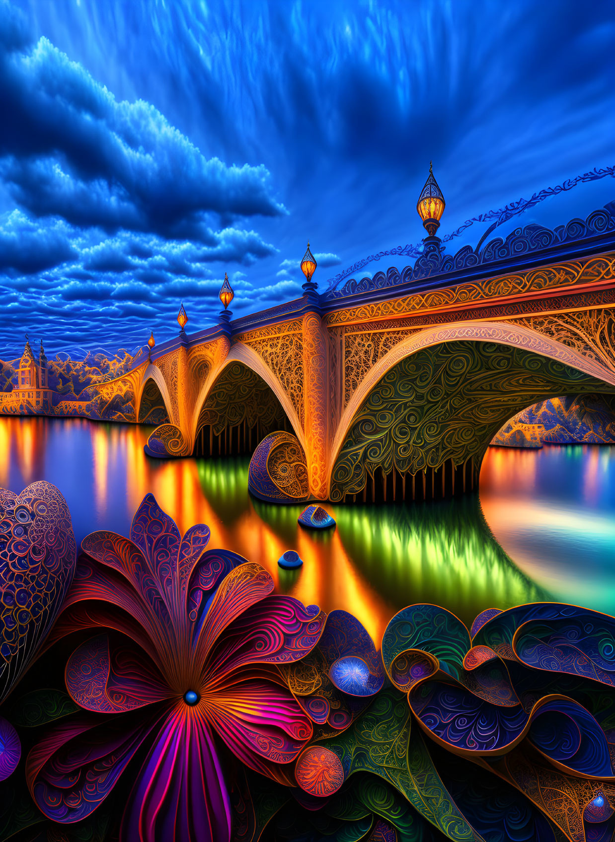 Intricate illuminated bridge over reflective water at twilight