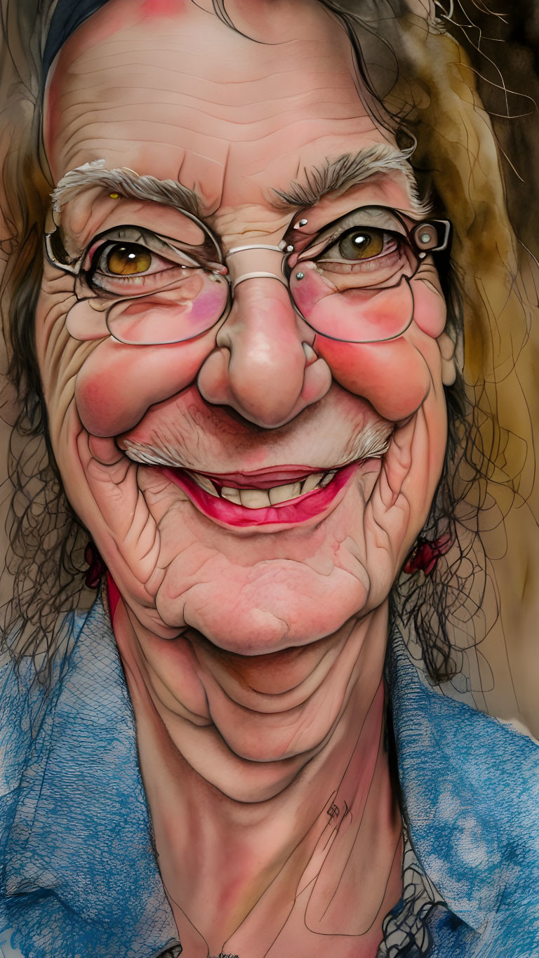 Detailed caricature of smiling elderly lady with glasses, wavy hair, and rosy cheeks