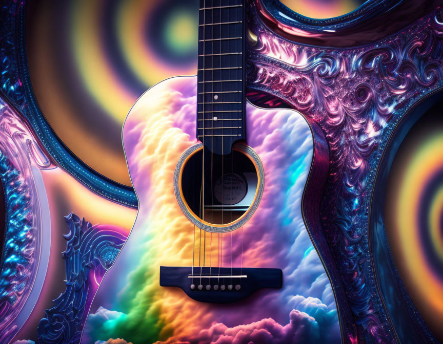 Acoustic guitar on vibrant psychedelic fractal background