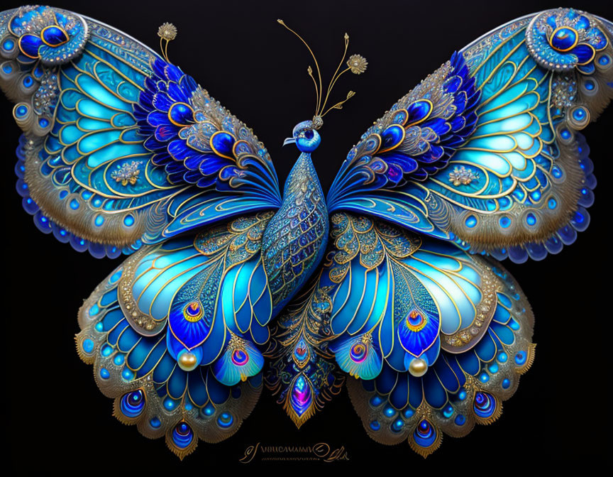 Intricate Butterfly Digital Art with Peacock Feather Patterns