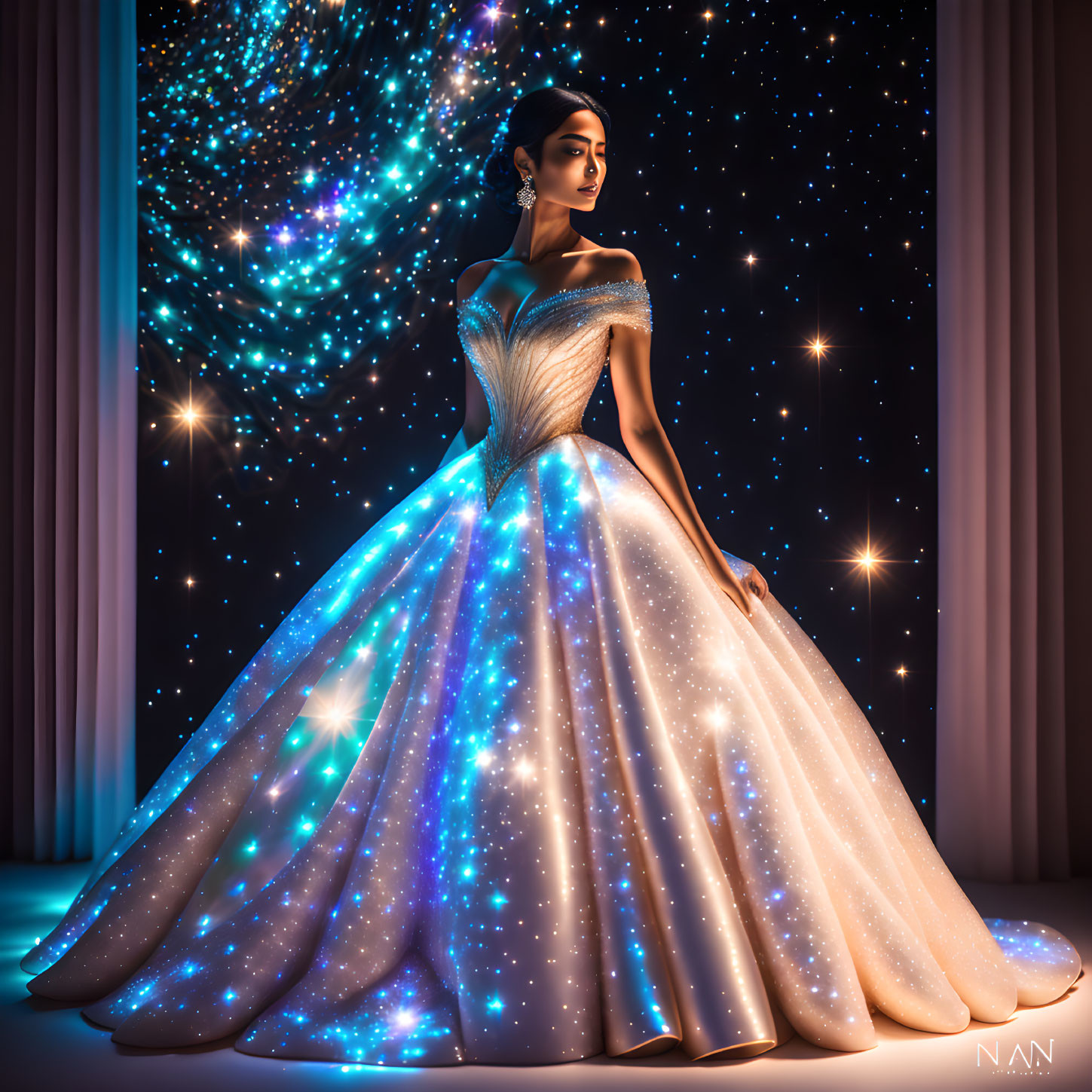 Elegant woman in starry gown against cosmic backdrop