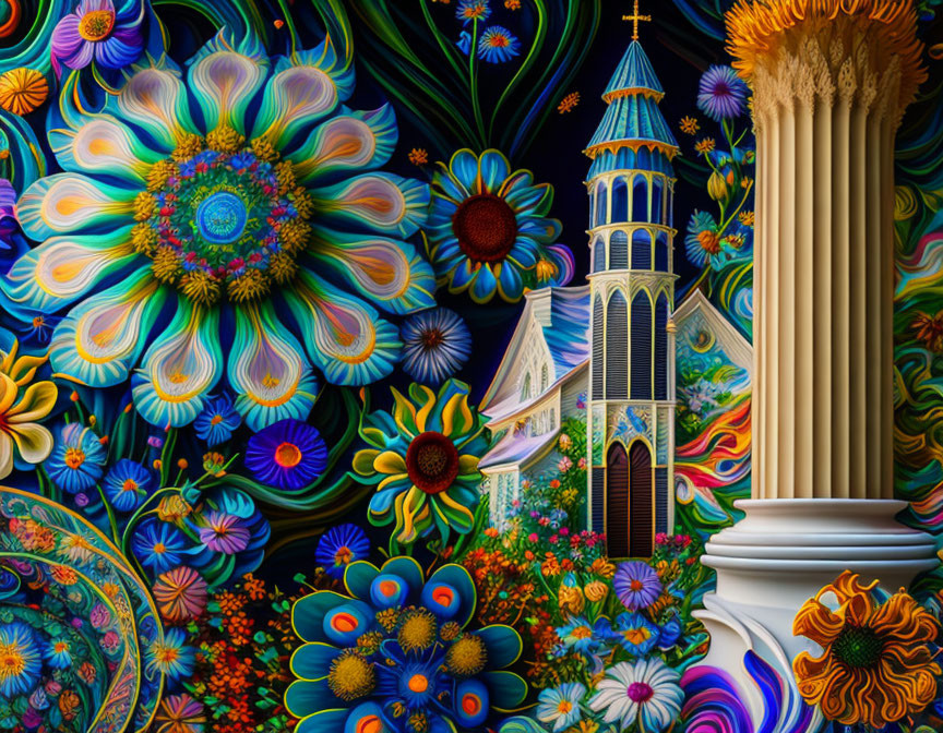 Psychedelic church surrounded by colorful floral patterns