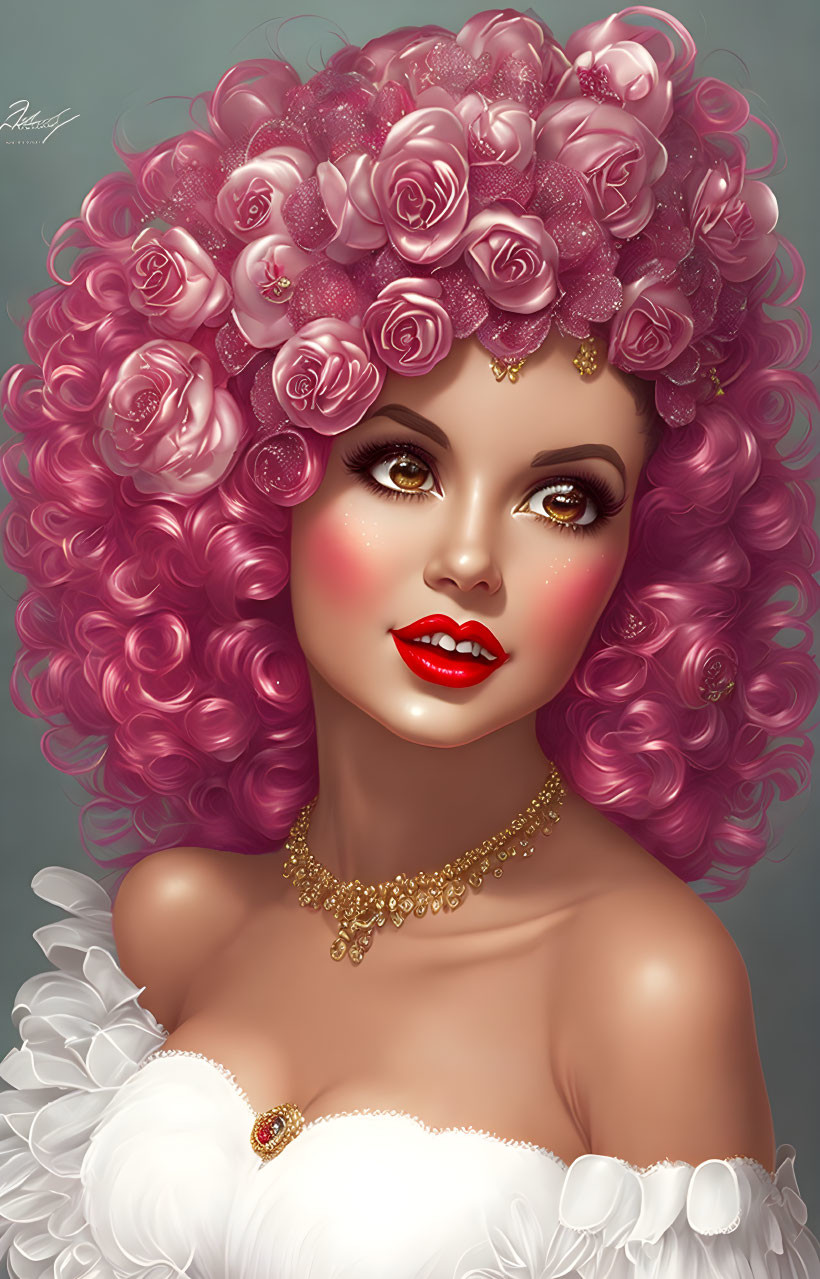 Vibrant pink curly hair woman with rose crown and gold jewelry in white attire.