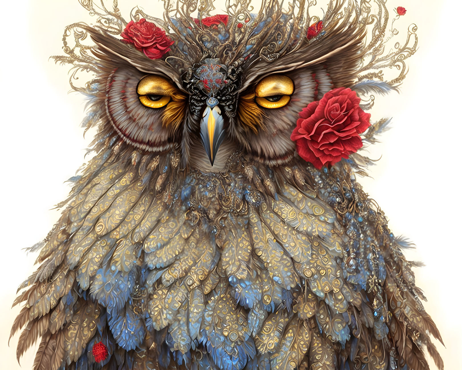 Detailed owl illustration with red roses and ornate patterns.