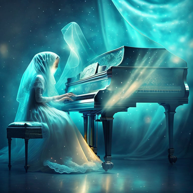 Spectral figure playing grand piano in mystical blue glow