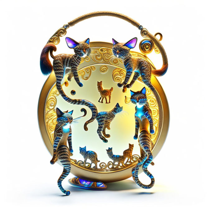 Golden clock with whimsical metallic cats in blue and orange hues