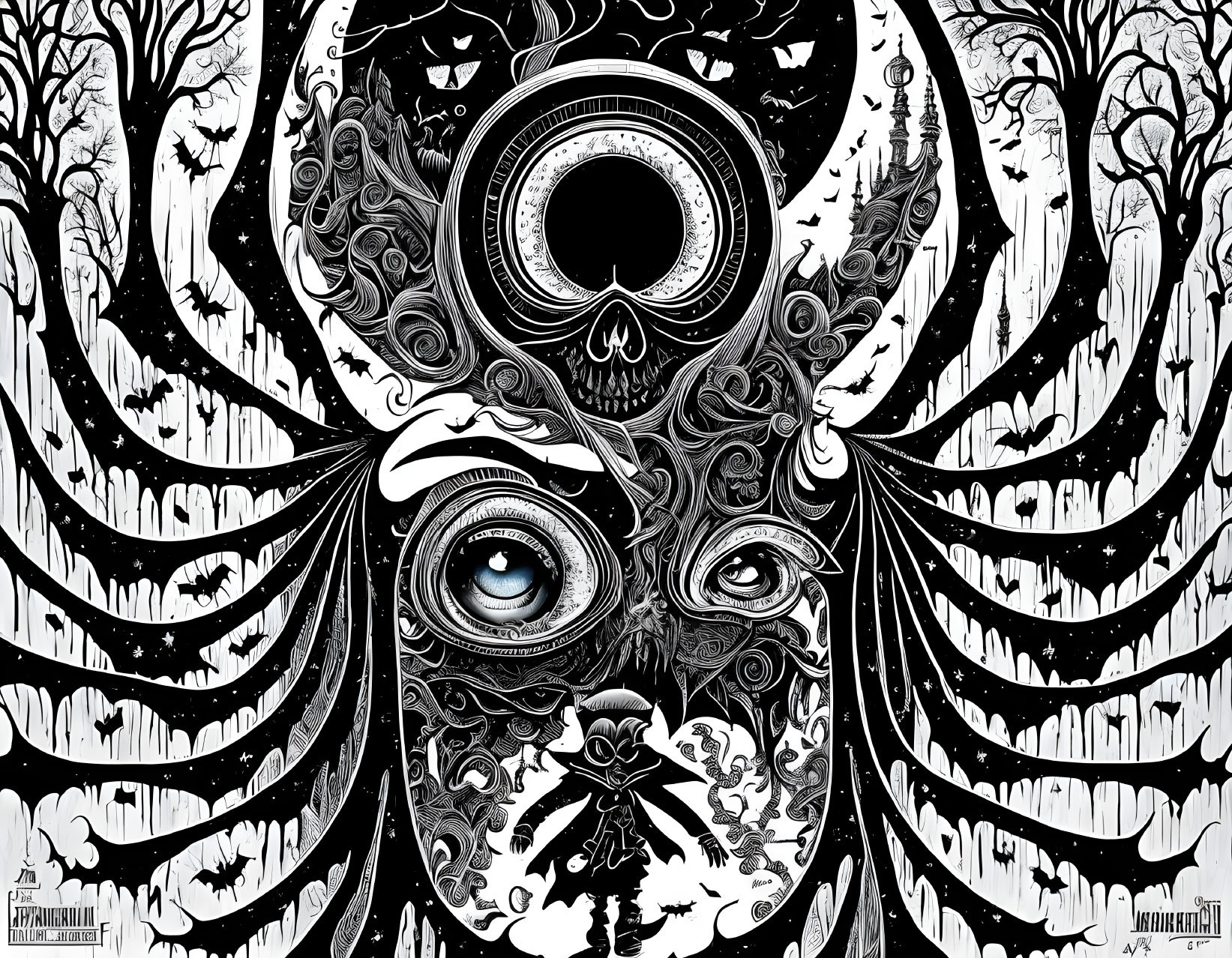 Monochrome abstract art: eye surrounded by intricate patterns, trees, cosmic elements